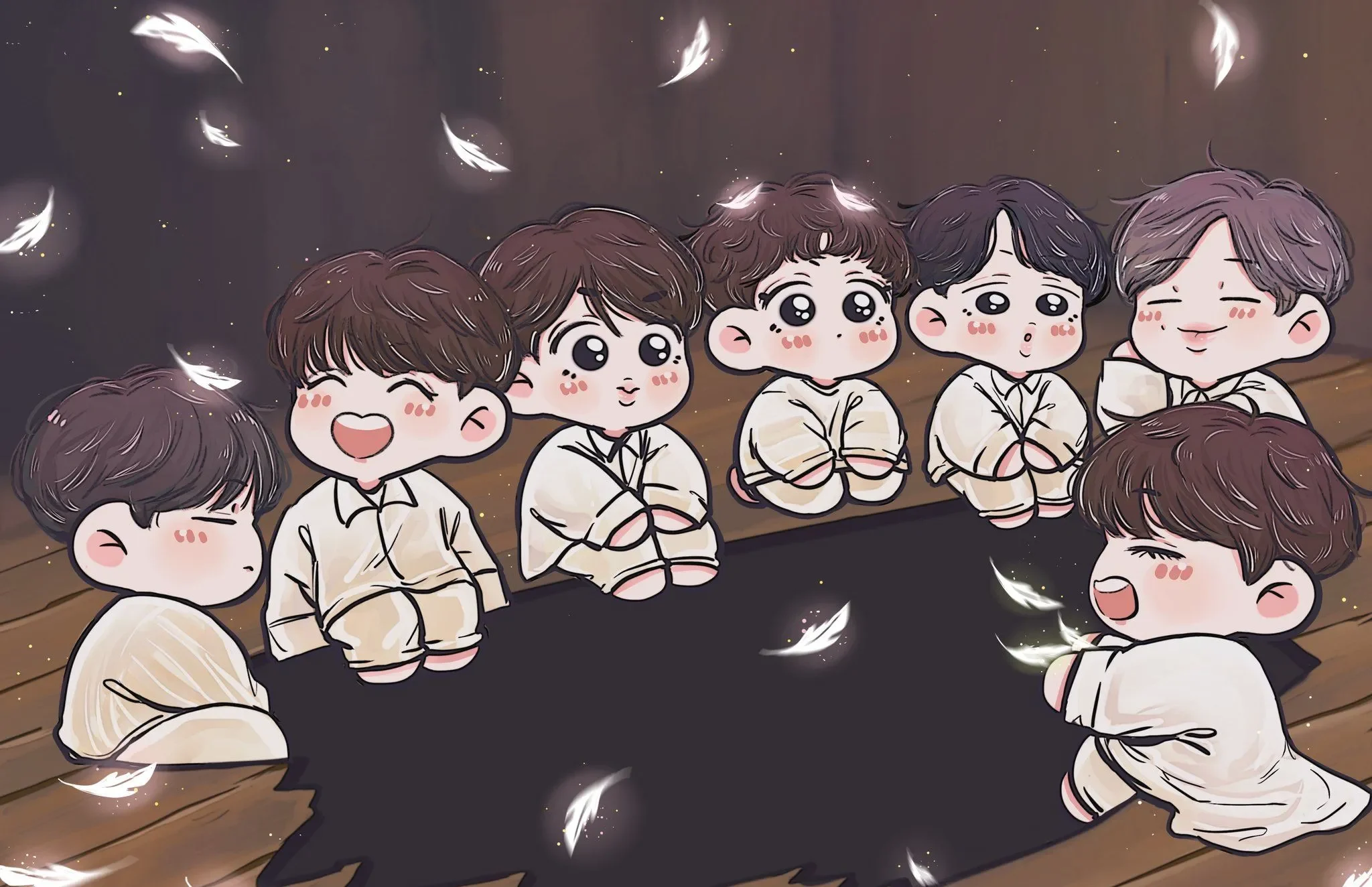 Nhìn vào bức ảnh BTS Chibi được đặt trong một bộ trang phục hiệu suất độc đáo.