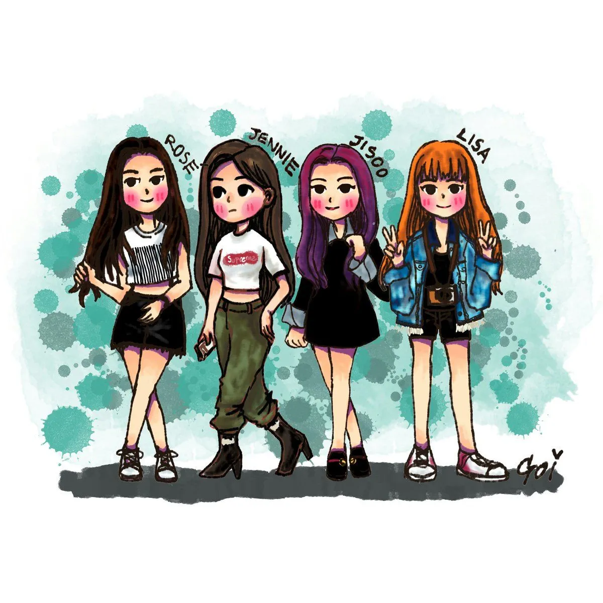 Hình ảnh của Tập đoàn Chibi Blackpink trong trang phục hiệu suất độc đáo.