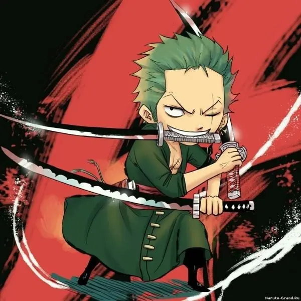 Bức ảnh Zoro Chibi là mát nhất với thanh kiếm được đặt trên vai